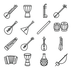 Obraz premium Linear music icon set featuring guitar, drum, erhu, banjo, accordion, and sitar symbols