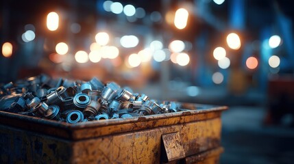 A 4K photo of recycling bin filled with scrap aluminum with softly blurred industrial tools and bright lights.