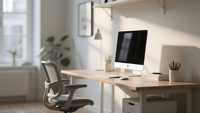 Modern Home Office Setup with Desk, Computer, and Natural Light