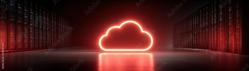 Poster red neon cloud icon in 3d rendered cybersecurity environment surrounded by server racks and dark atm