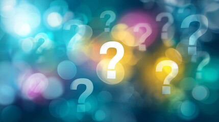 Blurred defocused background with multiple question marks floating in abstract space, symbolizing confusion, doubt, curiosity, problem solving, brainstorming, thinking, uncertainty and idea concepts