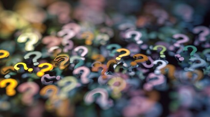 Blurred defocused background with multiple question marks floating in abstract space, symbolizing confusion, doubt, curiosity, problem solving, brainstorming, thinking, uncertainty and idea concepts