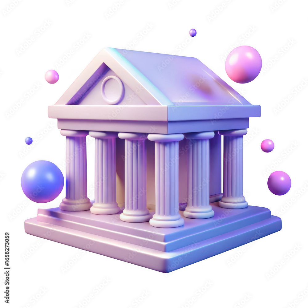Poster 3d classical bank building with spheres isolated on transparent background