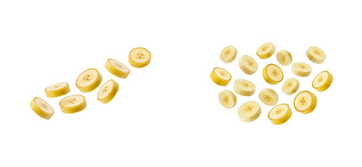 Sliced bananas in bright arrangement kitchen table food vibrant setting top healthy snack concept. Set PNG