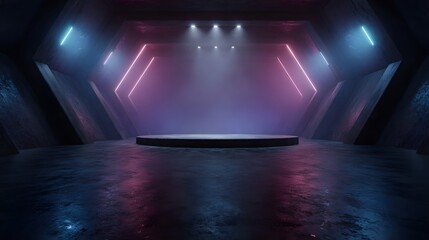 Futuristic podium with neon lighting in a sci fi style room