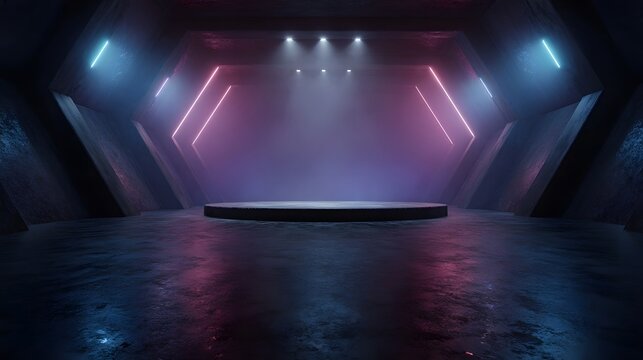 Futuristic podium with neon lighting in a sci fi style room