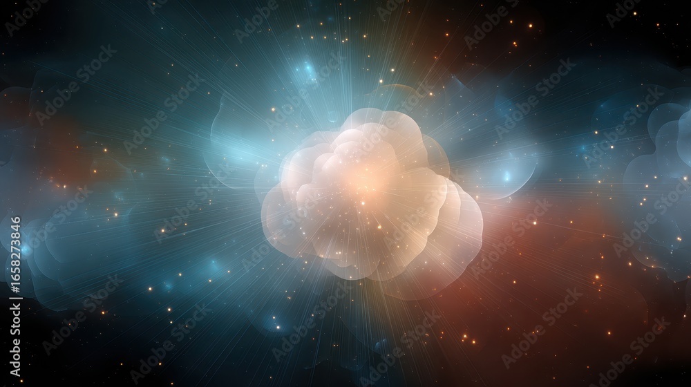 Poster abstract cloud icon in cybersecurity theme surrounded by glowing digital effects in a cosmic backgro