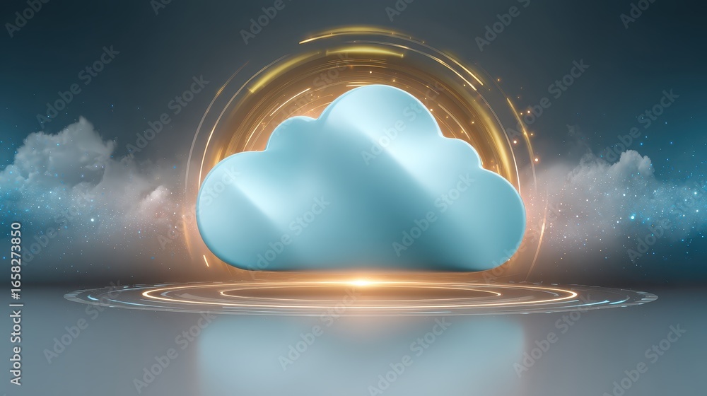 Poster abstract floating cloud icon surrounded by glowing digital elements representing cybersecurity conce