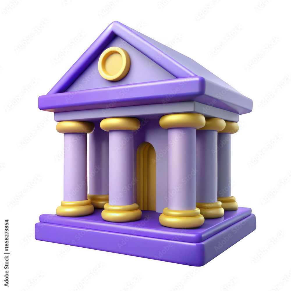 Poster 3d classic bank building with columns isolated on transparent background