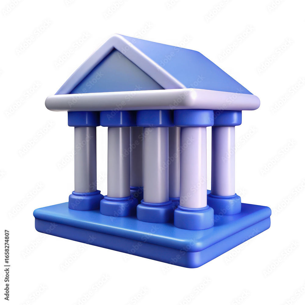 Poster 3d classic bank building with columns isolated on transparent background