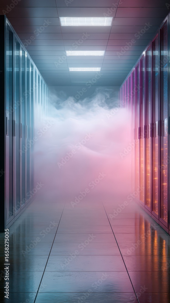Aufkleber abstract view of modern cloud server room with colorful racks and mist effects enhancing cybersecuri