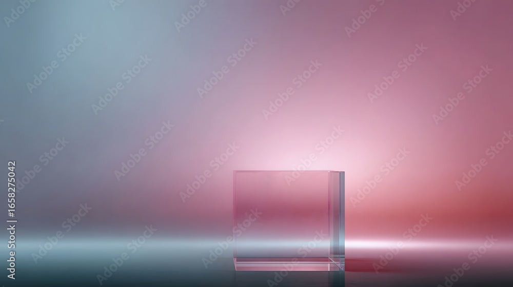 Poster transparent glass podium over soft gradient background with studio lighting and sharp focus