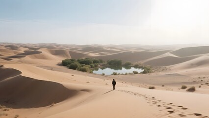 A lone figure walks across vast sand dunes towards an oasis under a clear sky.
