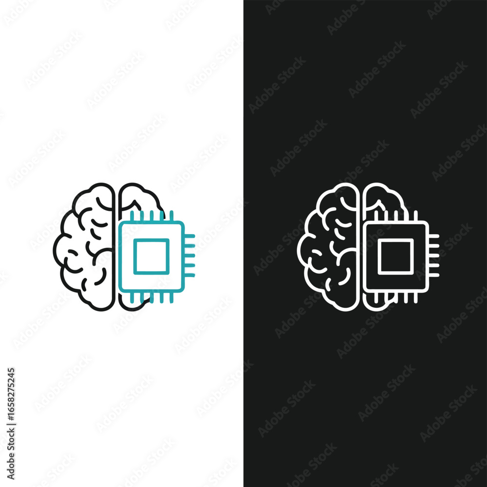 Fototapete vector illustration of split image showcasing artificial intelligence concept with a brain and compu