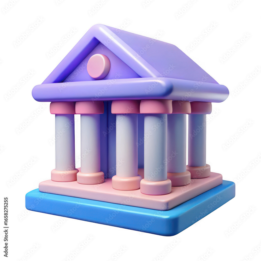 Poster 3d cartoon bank building with columns isolated on transparent background
