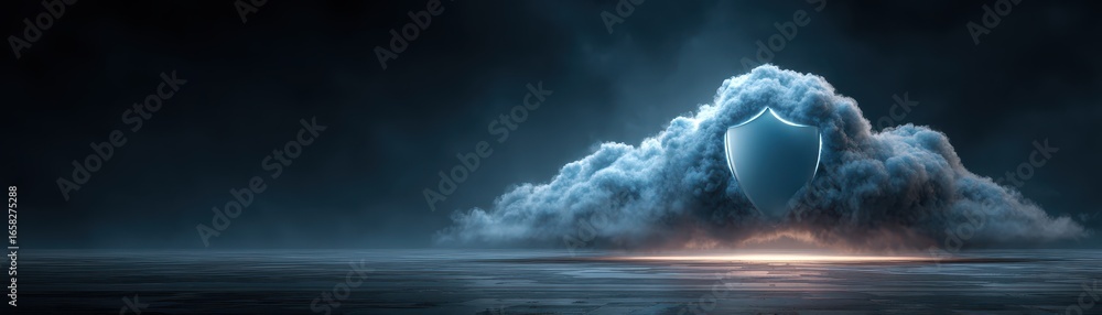 Aufkleber shield representing cybersecurity hovering over a glowing cloud in a dark environment