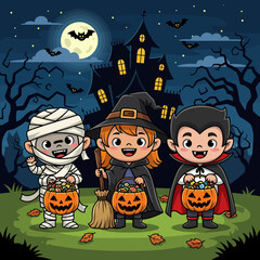 Cute cartoon children in mummy, witch, and vampire costumes trick-or-treating on Halloween night with a haunted house in the background.