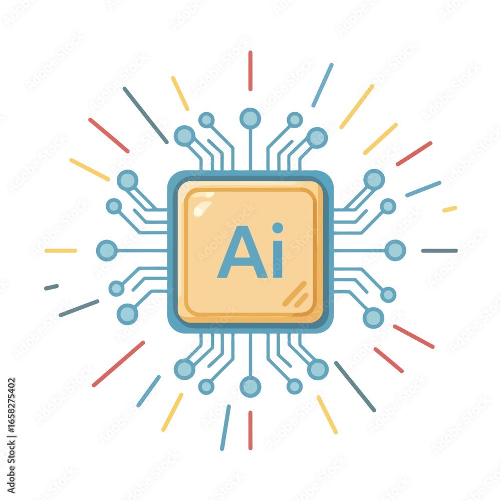 Poster vector illustration of artificial intelligence ai chip processor with radiating lines, representing 