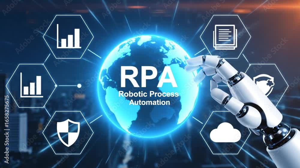 Poster robotic process automation with digital blue globe and robot arm in futuristic style