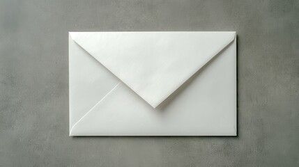 A 4K photo of simple white envelope lying flat on smooth gray surface, minimal.