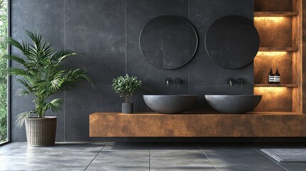 Dark modern bathroom with double sinks