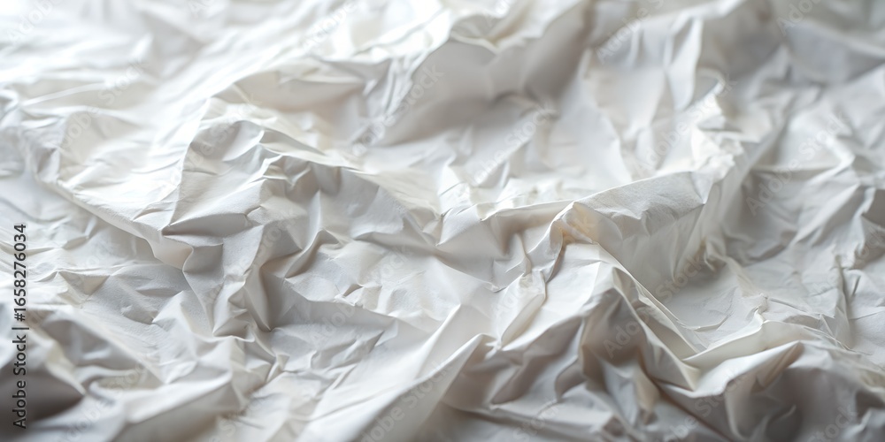 Poster an abstract, closeup view of crumpled white paper texture, featuring soft folds and shadows that cre
