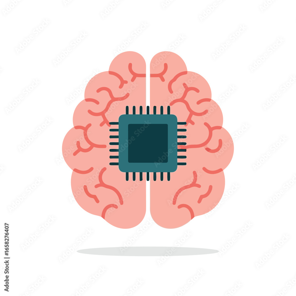 Poster vector illustration of top view of a stylized brain with a central computer chip, representing artif