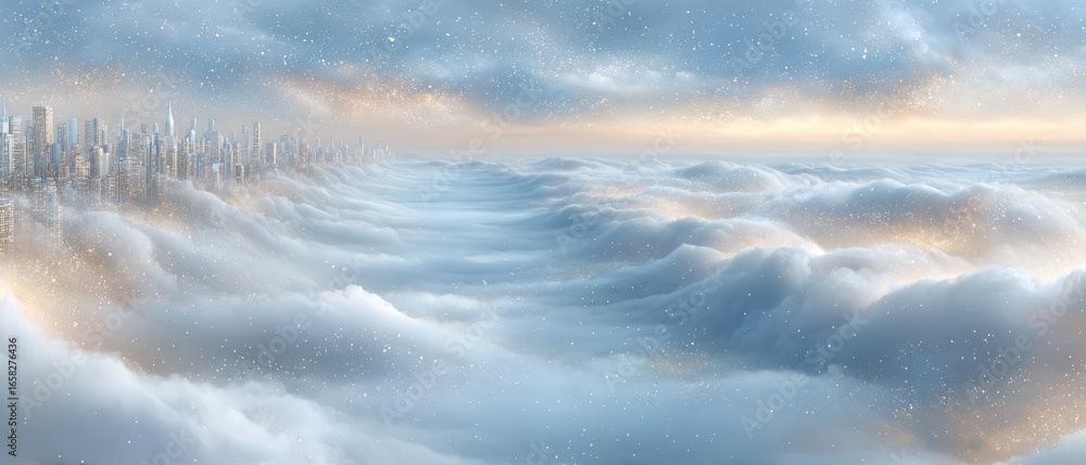 Poster futuristic digital cityscape surrounded by glowing clouds in a cybersecurity theme with a hint of my