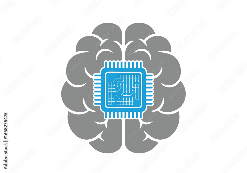 Poster vector illustration of stylized illustration of a brain with a central computer chip, symbolizing ar