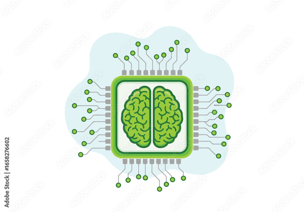 Poster vector illustration of green brain inside a computer chip with radiating circuits, representing arti