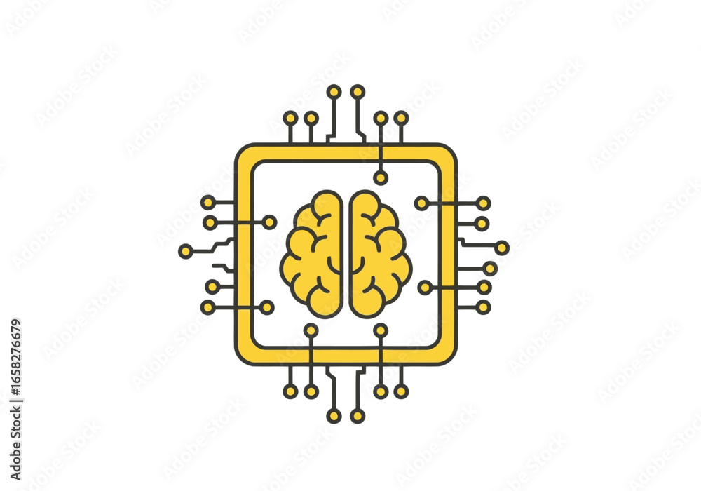 Poster vector illustration of stylized yellow brain integrated into a computer chip circuit, symbolizing th