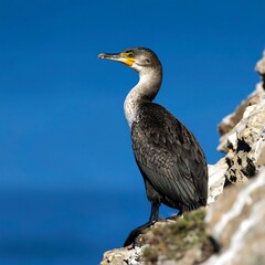Cormorant on cliff, vibrant blue sky