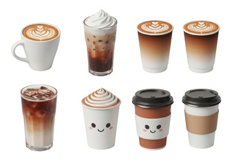 Collection of delicious coffee drinks isolated on transparent background coffee shop beverages