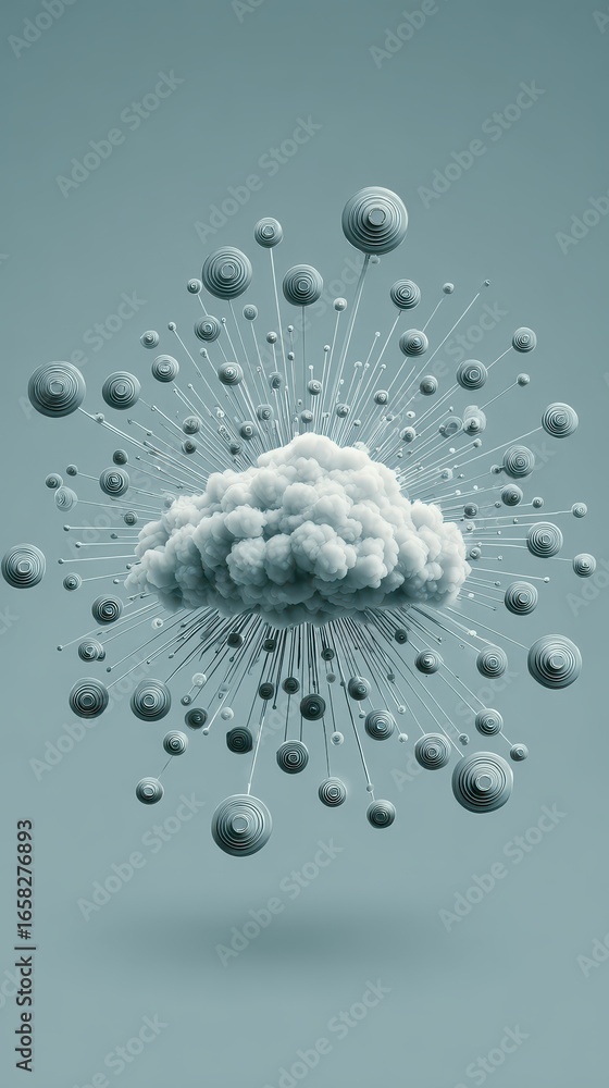 Poster minimalist cloud design with silhouetted layers and tech-inspired elements in cybersecurity concept