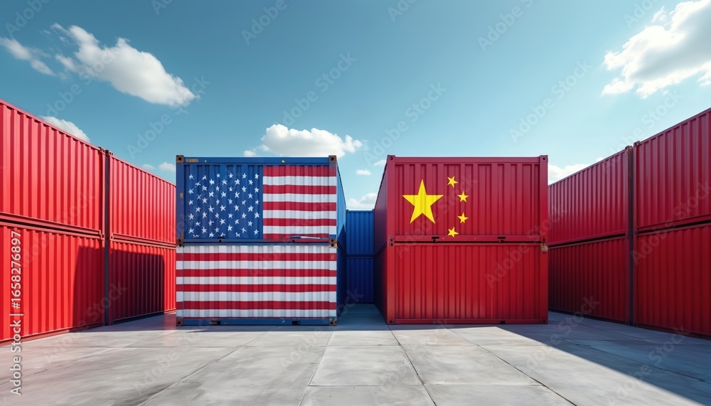 Poster stack of shipping containers marked with usa and china flags symbolize global trade relations and po