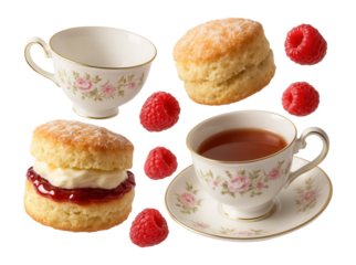 Elegant afternoon tea with teacups, scones, and raspberries.
