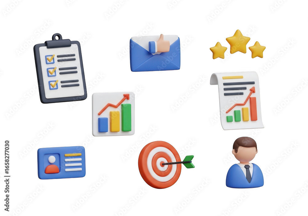 Poster 3d collection of business icons such as charts clipboard envelope and target isolated on transparent