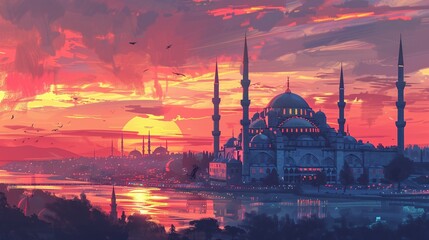 Fototapeta premium A colorful sunset view of a cityscape with a grand mosque.