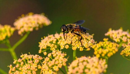 Close-up of a Hoverfly on a Cluster of Delicate Yellow Flowers