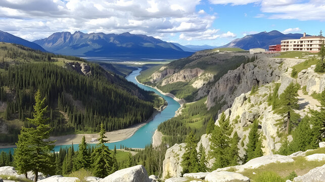 Scenic View to Radium Hot Springs rock mountains and Columbia River Valley