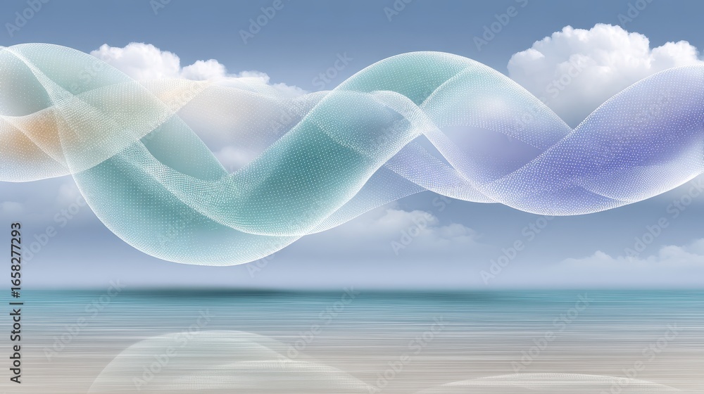 Poster stylized wireframe mesh design of floating data clouds in a peaceful and serene landscape for cybers
