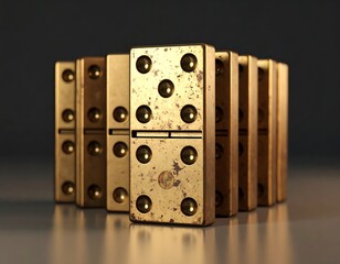 Close-up of a row of weathered golden dominoes with visible pips, standing upright on a reflective surface against a dark background.