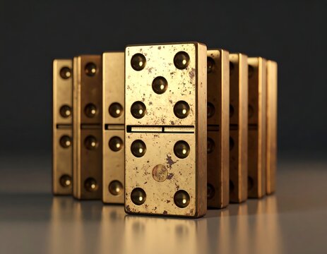 Close-up of a row of weathered golden dominoes with visible pips, standing upright on a reflective surface against a dark background.