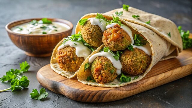 Falafel in Laffa &ndash; Crispy falafel wrapped in fluffy laffa bread, tahini drizzle.