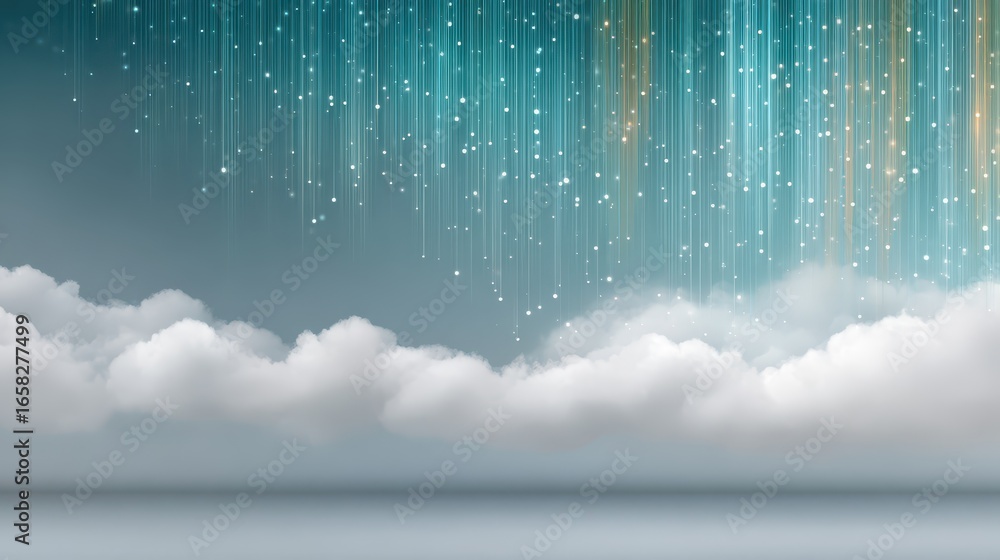 Poster glowing blue streams of light in a cloudy sky, representing cybersecurity and digital technology con