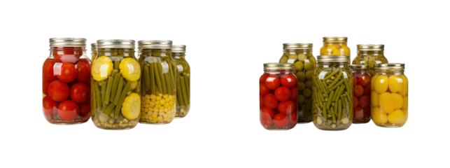 Home canning process preserving vegetables in jars kitchen food indoor food preservation techniques. Set PNG