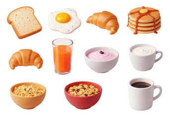 3d collection of delicious breakfast foods isolated on transparent background for your design projects