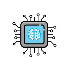 Vector illustration of stylized illustration of a computer processor chip with a blue brain icon inside, symbolizing artificial intelligence and advanced technology