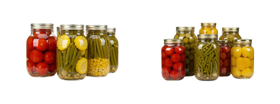 Home canning process preserving vegetables in jars kitchen food indoor food preservation techniques. Set PNG