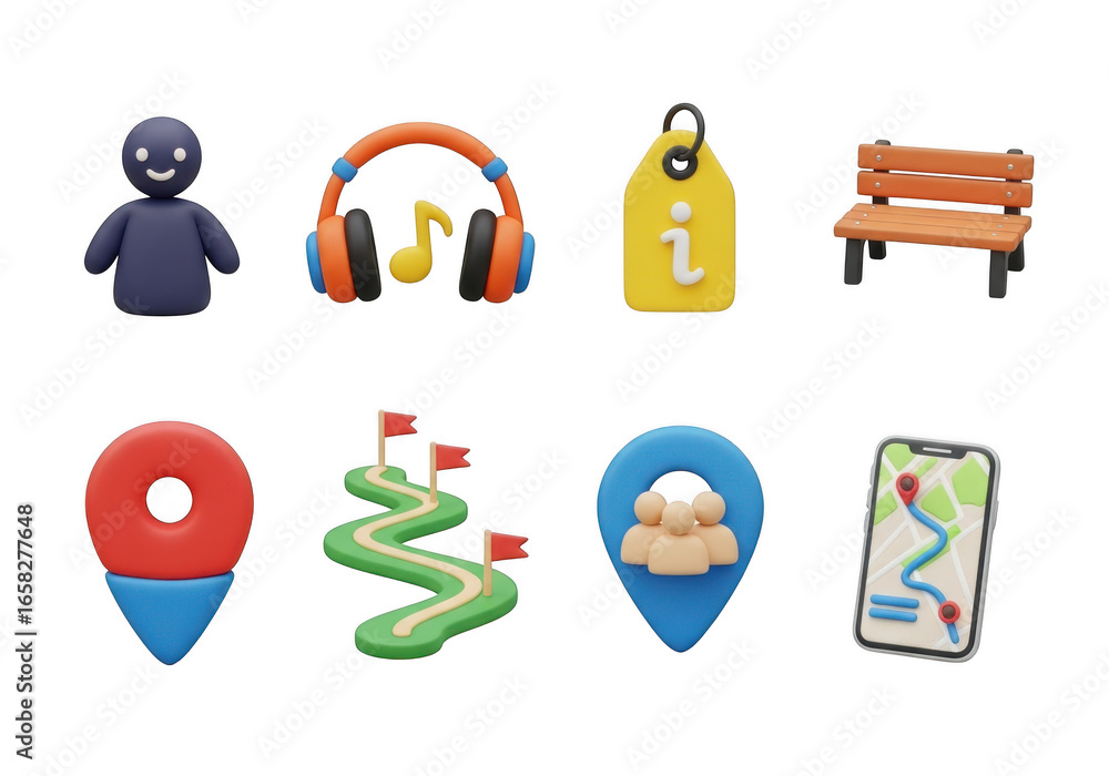 Poster 3d collection of digital icons featuring a character headphones a tag a bench map pins a slide and a smartphone isolated on transparent background